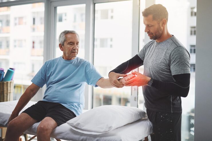 physiotherapy wrist pain man with senior patient orthopedic care consulting wellness chiropractor healthcare physical therapist with person rehabilitation support healing 590464 423280