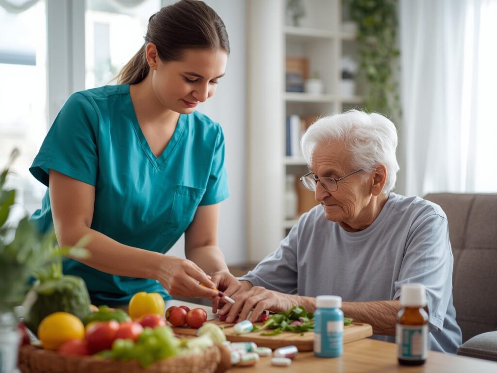 a carer wearing a teal color plain tshirt helping a diabetic patient to arrange food and medicines in home