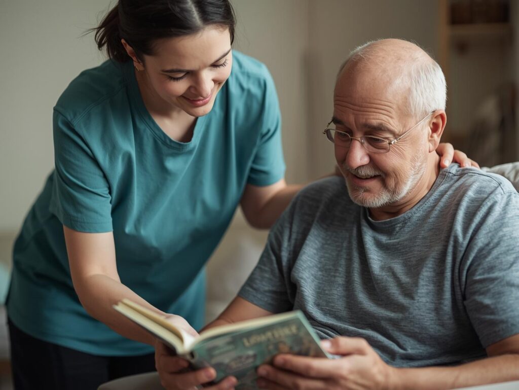 a carer wearing a teal color plain tshirt helping a patient to read book in home