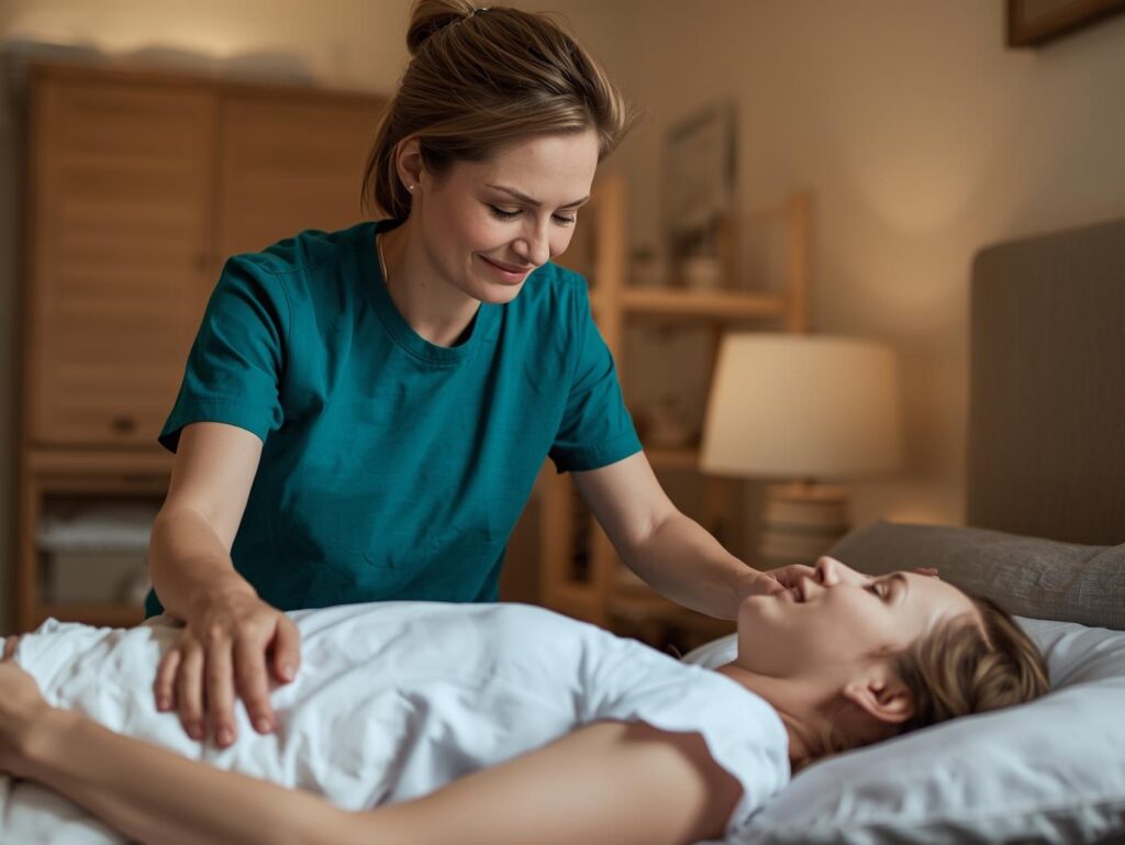 a carer wearing a teal color plain tshirt helping a post operating patient to laydown on bed in home