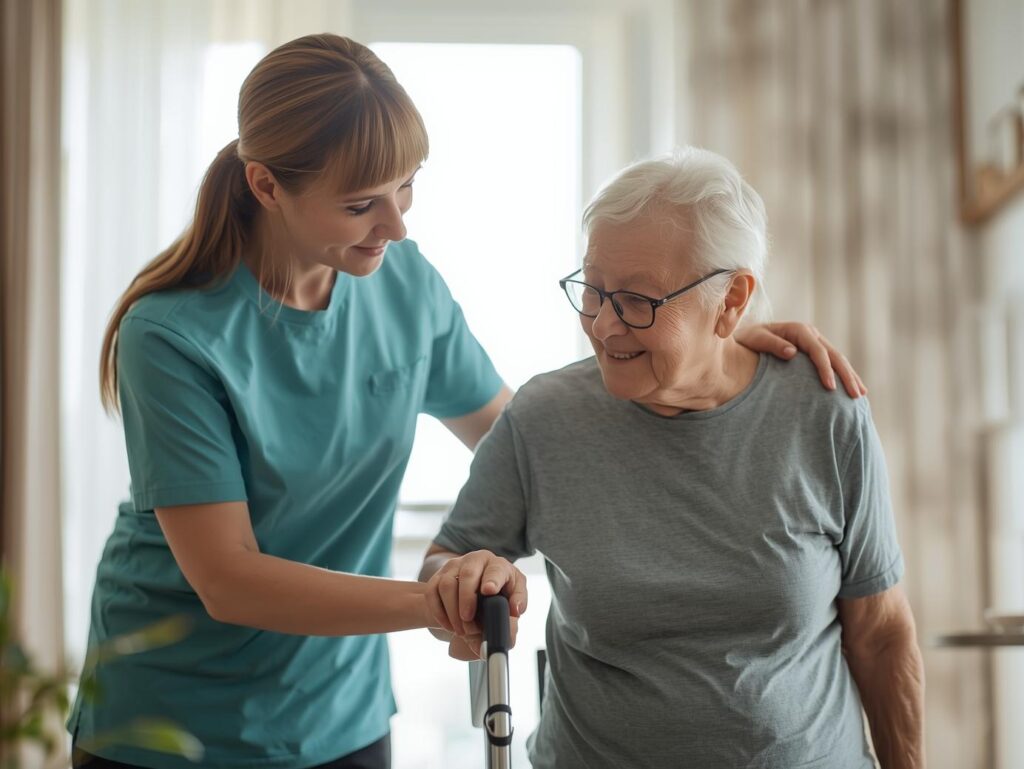 a carer wearing a teal color plain tshirt helping an Arthritis patient to move in home