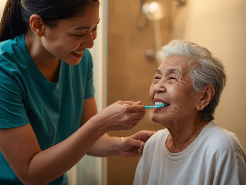 a carer wearing a teal color plain tshirt helping an parkinson patient to brush teeths